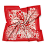 A square silk scarf with a red floral pattern.